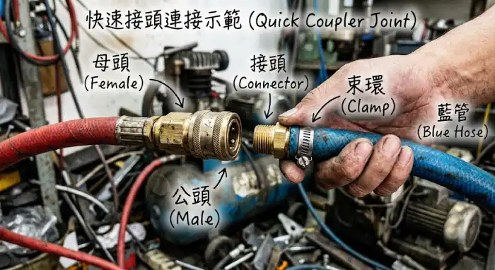 空壓機快速接頭內外牙母頭與風管安裝示意圖